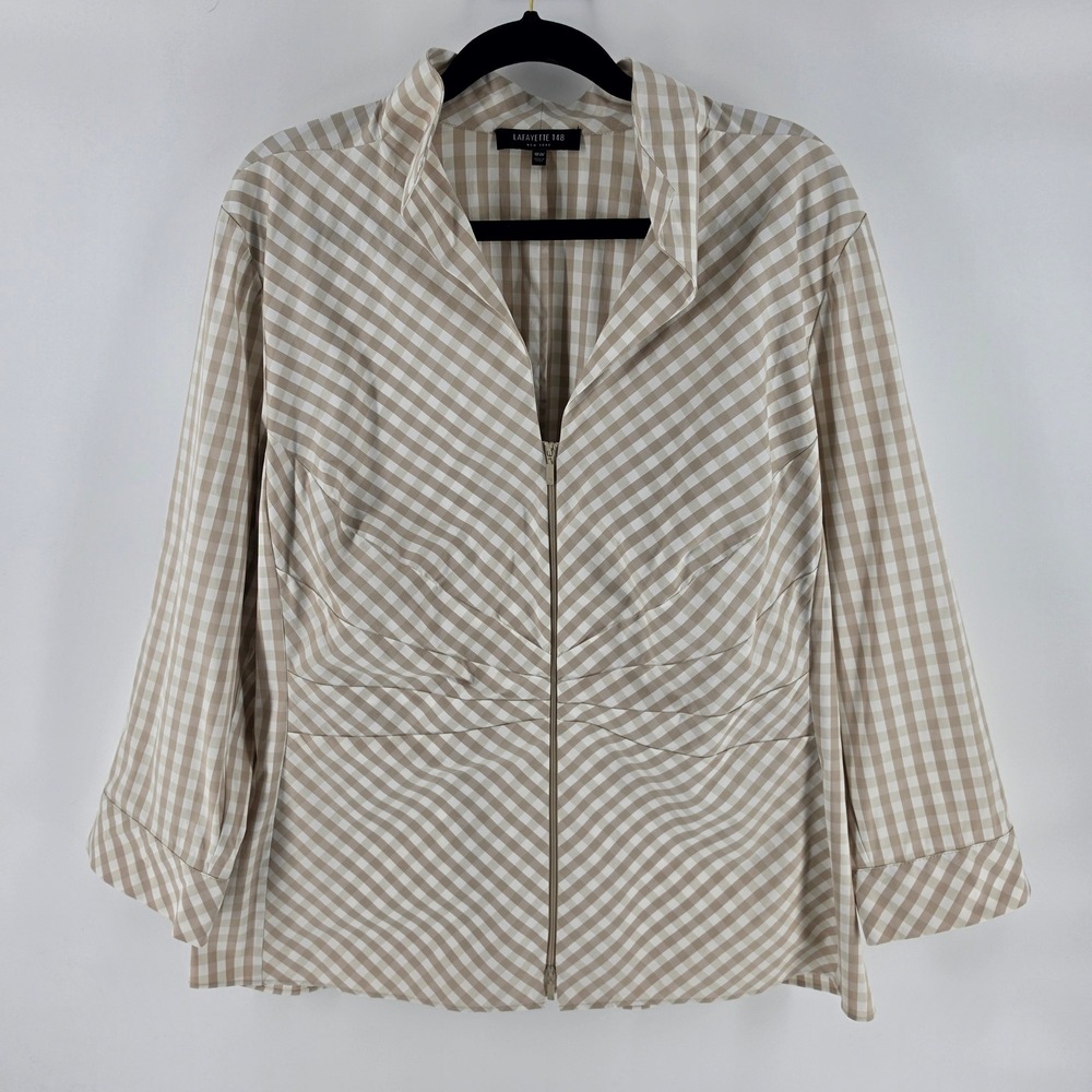 Lafayette 148 Tan Gingham Front Pleated Blouse 18W Top Jacket Zip Preppy Cottage